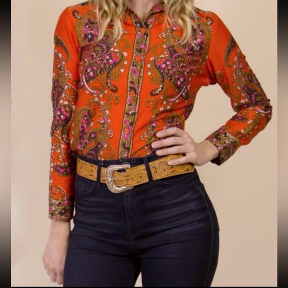 Vera Neumann Tops - Vintage Vera Neumann Paisley  Orange Long Sleeve Women's Cotton Blouse